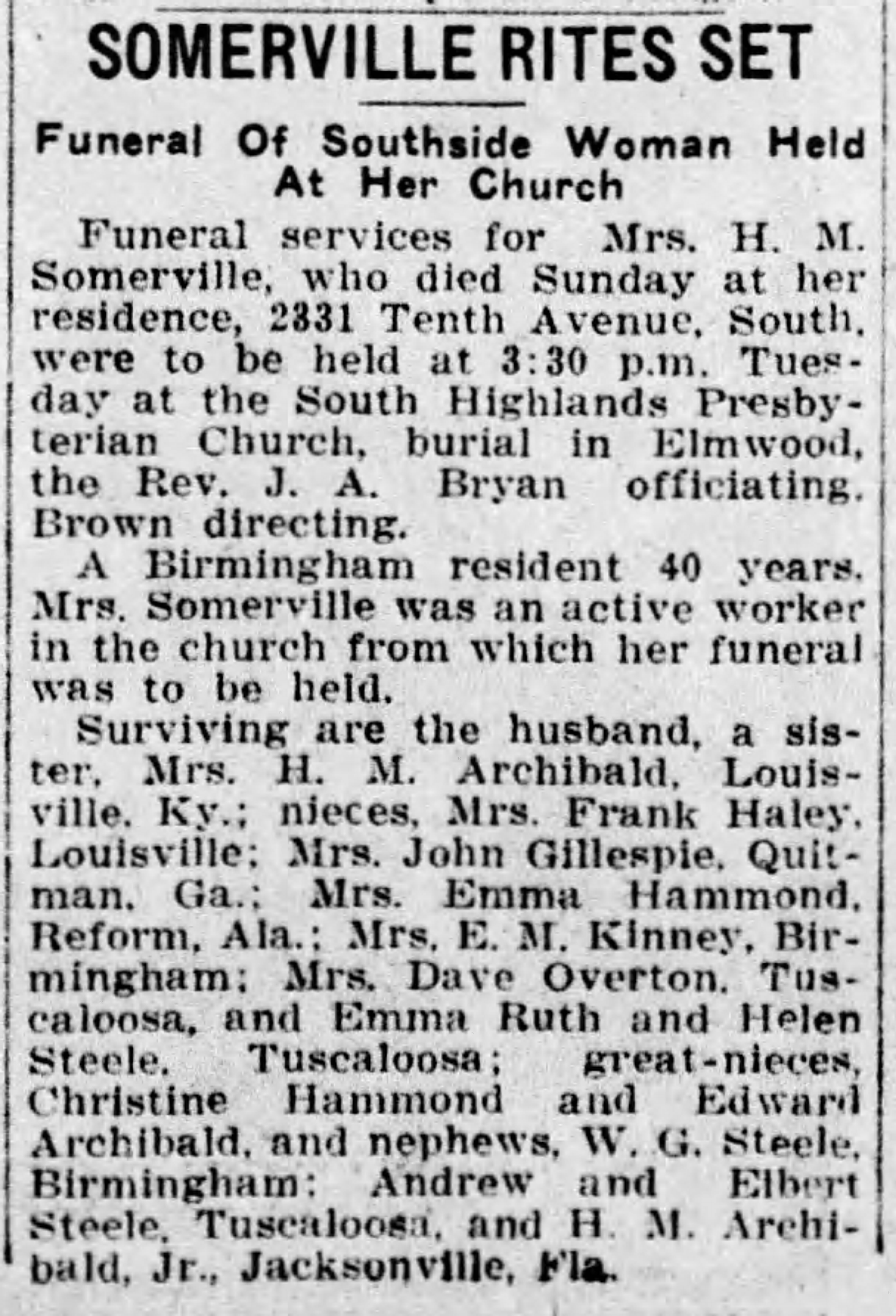 Mrs. H.M. Somerville obituary